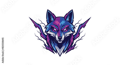 Energetic wolf head logo with electric blue and purple accents, perfect for esports teams.