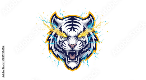 Aggressive white tiger face with glowing eyes and electric energy surrounding it.