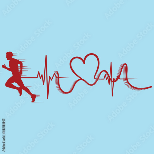 Running man silhouette with heartbeat pulse line and heart shape. Cardio fitness and medical health vector illustration.