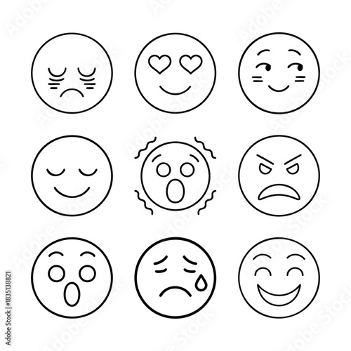 A cohesive collection of nine minimalist linear icons representing essential human emotions — from joy and love to fear and tiredness.