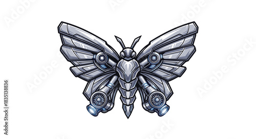 Stylized robotic butterfly with metallic wings and jet engines on a white background.