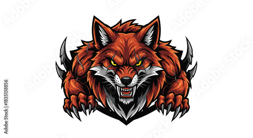 Aggressive orange wolf or fox mascot with glowing yellow eyes and sharp claws ready to attack.