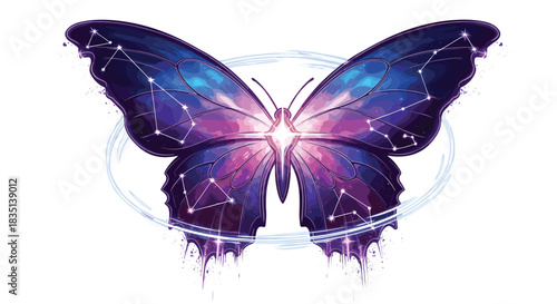 A vibrant, cosmic butterfly with constellations on its wings is depicted against a white background.