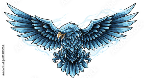 Stylized illustration of a fierce blue icy eagle with glowing eyes and outstretched wings.