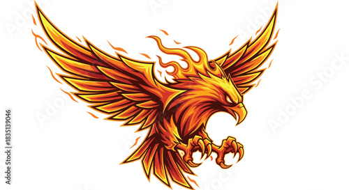 Stylized illustration of a fierce phoenix with fiery wings spread in flight.
