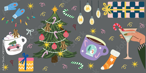 A vibrant and playful Christmas illustration set filled with cozy winter elements — decorated trees, festive mugs, gifts, ornaments, candy canes, lights, and seasonal treats