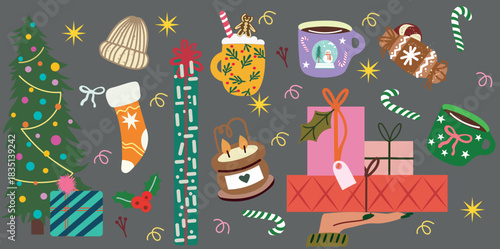 Festive Christmas illustration set with decorated tree, mittens, mugs of cocoa, holiday lights, wrapped presents, Christmas cookies, and a winter cocktail. Colorful and joyful elements