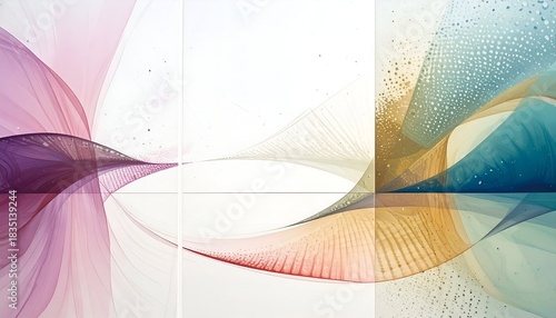 Triptych with abstract, flowing forms of color. Three panels show dynamic waves