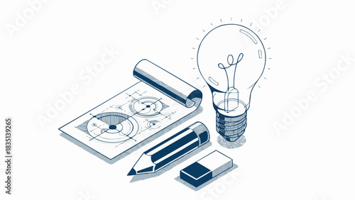 Creative engineering idea concept, light bulb with pencil and engineer blueprint plan 3D isometric vector design, engineering project, education and learning, invention and solution concept. stock ill
