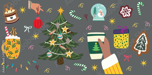 A cozy Christmas illustration collection featuring a decorated tree, holiday ornaments, candy canes, hot drinks in festive mugs, gingerbread cookies, snow globe, and wrapped gifts