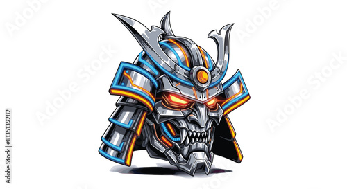 Cyberpunk samurai helmet with glowing orange eyes and blue and orange accents.