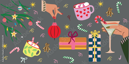 A bright holiday illustration set featuring a decorated Christmas tree, festive mugs, candles, stockings, long wrapped gifts, candy canes, and winter greenery. Ideal for holiday stationery