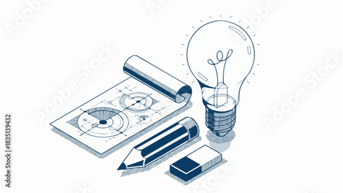 Creative engineering idea concept, light bulb with pencil and engineer blueprint plan 3D isometric vector design, engineering project, education and learning, invention and solution concept. stock ill