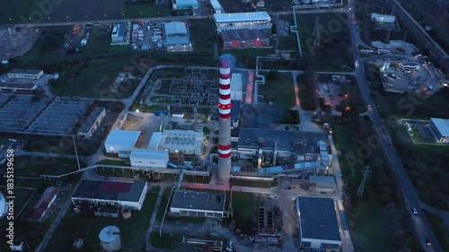 Aerial drone view to district heating on Burgas, Bulgaria evening
