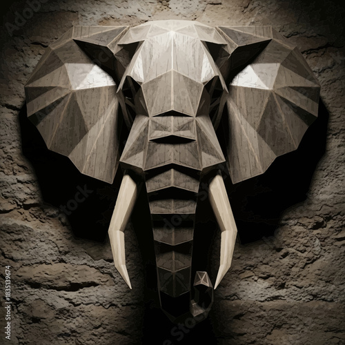 Geometric elephant head sculpture silhouette isolated on white background