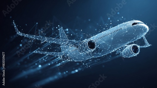 Digital airplane concept flies against a dark background representing data visualization, used for tech