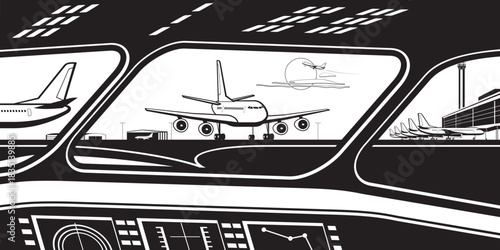 View to airport terminal from the cockpit of the plane – vector illustration