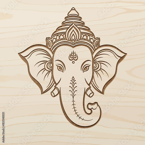 Ganesha elephant head wood carving silhouette isolated on white background