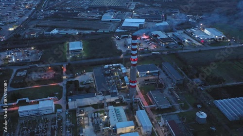 Aerial drone view to district heating on Burgas, Bulgaria evening