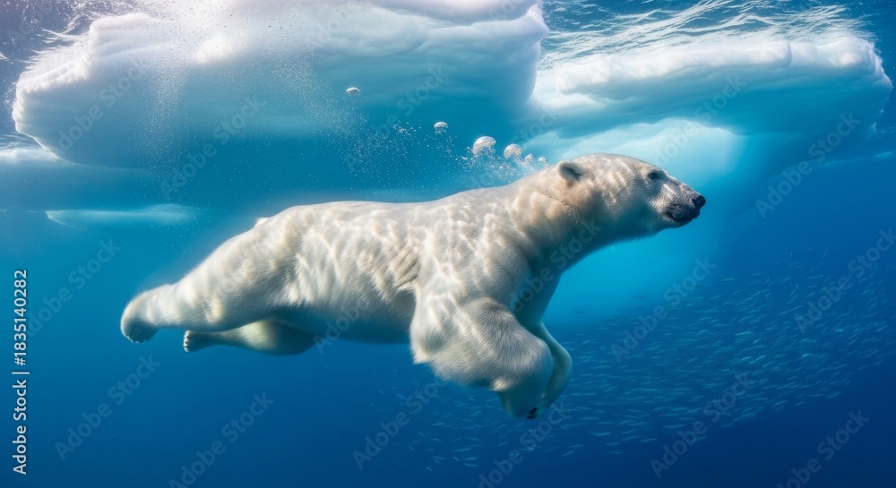 Obraz premium Underwater Polar Bear Swims Arctic Iceberg Fish.