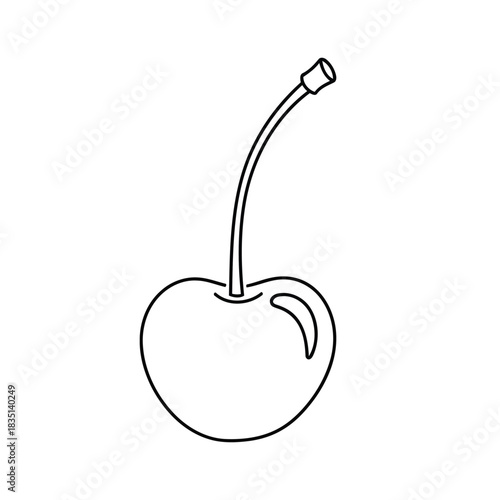 Simple black and white line drawing of a single cherry with stem