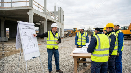 Man explaining safety protocol during a training session on a construction site