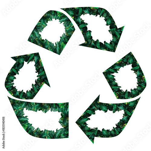recycle symbol on white background,  forest painting brush strokes. Recycle icon green color sign isolated. Eco symbol. PNG with transparent background. Clipping path