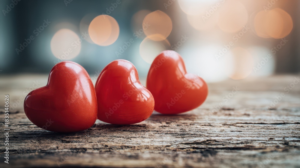 Fototapeta premium Romantic Valentine Backdrop: Three Red Heart Balloons on Rustic Wood with Heart Bokeh