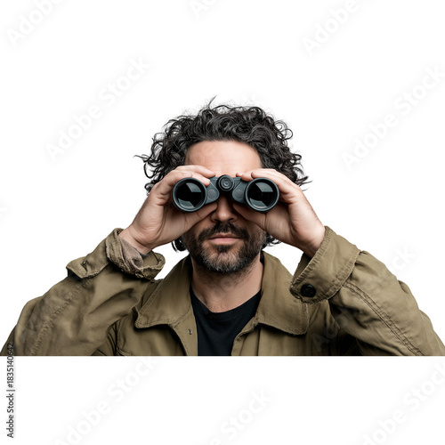 Man Looking Through Binoculars Front View Isolated on Transparent Background PNG