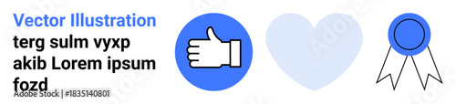 Approval, recognition, achievement, feedback, social media, online engagement. Blue thumbs-up icon, heart shape and ribbon badge symbols. Approval and recognition in digital interactions concept