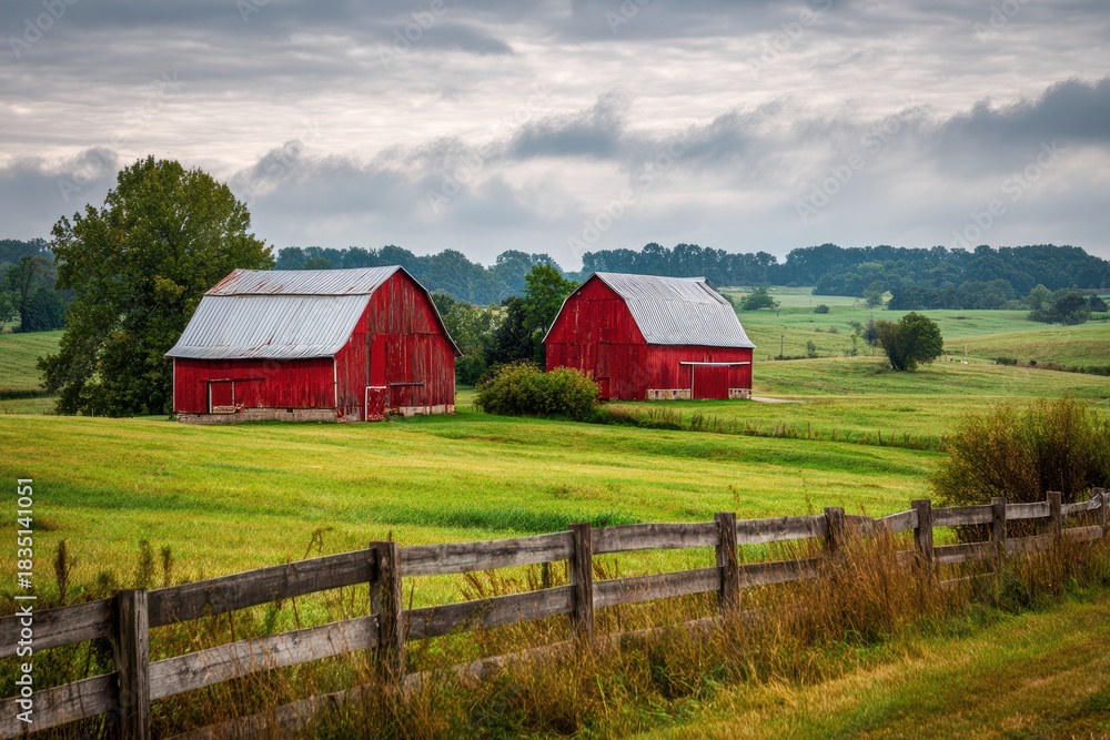 Obraz premium Rustic red barns amid open fields and weathered fencing on a tranquil Indiana countryside farm