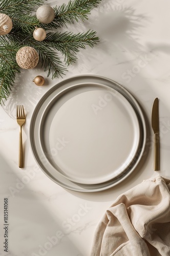 Scandinavian Christmas Table Setting with White Plate — Premium Flat Lay