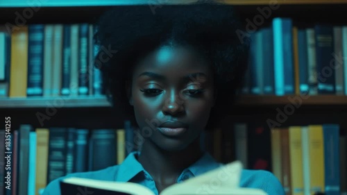 Female student in concentration, deeply engrossed in her reading material.