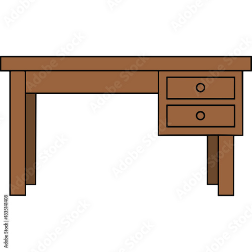 Simple wooden desk with two drawers on the right side against a solid black background perfect for office or study room minimalist design