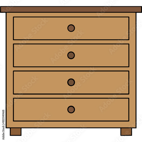 Simple Wooden Dresser With Four Drawers and Round Knobs Isolated on Black Background