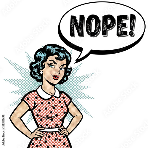 Retro woman saying nope in comic book style isolated on white background silhouette
