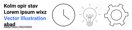 Clock, light bulb, and gear symbols emphasize time management, creativity, and efficiency. Ideal for productivity, innovation, teamwork, planning brainstorming workflow simple landing page