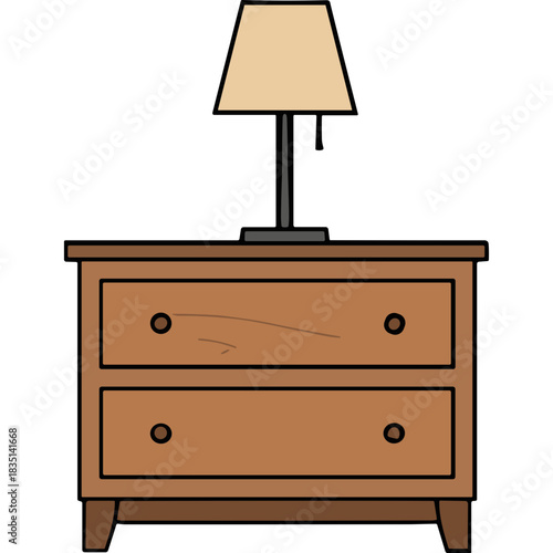 Simple wooden nightstand with two drawers featuring a beige lampshade and a dark lamp on a black background, minimalist design, interior furniture illustration
