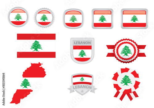 Lebanon Flag and Map Icon Set - Vector Collection of National Emblems, Badges, and Web Elements.