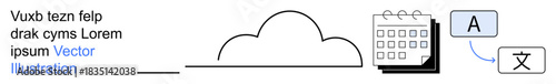 Cloud computing, language translation, scheduling tools, digital organization, global communication, productivity apps. Cloud graphic, calendar icon translation symbols. Cloud computing and language