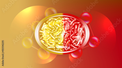 Probiotic and Hyaluronic acid skin solutions ad, gold and red collagen, and vitamin serum drops with cosmetic advertising background ready to use illustration vector.	