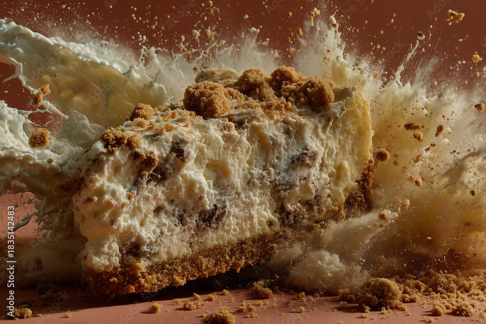 Fototapeta premium Close up of a cheesecake slice breaking apart in mid air with crumbs and creamy filling exploding in a dramatic splash, dynamic dessert concept for food advertising and branding