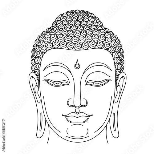 Buddha face silhouette line art isolated on white background