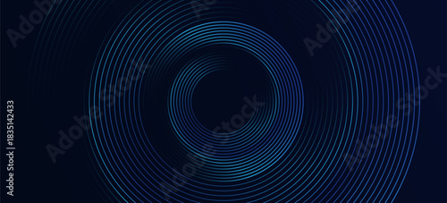 Blue abstract background with spiral circle lines, technology futuristic template. Vector illustration.