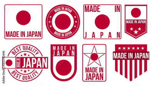 Made in Japan Labels, Badges, Emblems & Logos Set – Japan Flag Vector Illustration Collection