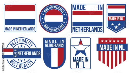 Made in Netherlands Labels, Badges, Emblems & Logos Set – Netherlands Flag Vector Illustration Collection