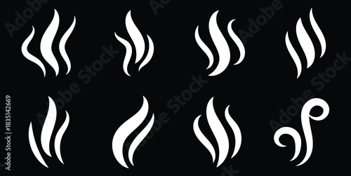Set of solid black icons representing abstract smoke or steam plumes, ideal for warmth and aroma concepts