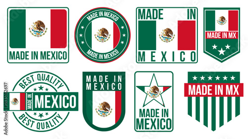 Made in Mexico Labels, Badges, Emblems & Logos Set – Mexico Flag Vector Illustration Collection