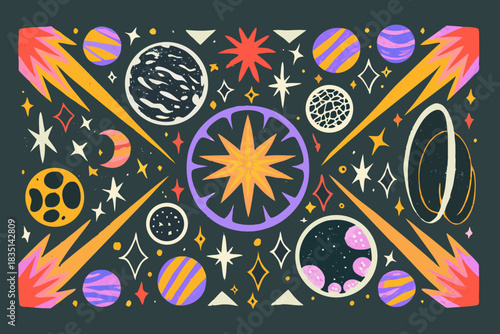 A vibrant colorful illustration depicting planets stars and cosmic phenomena