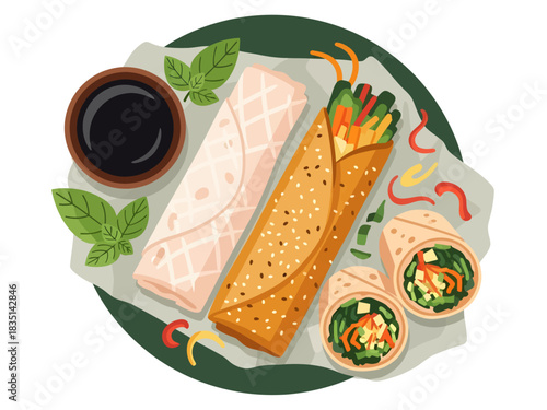 This vibrant vector illustration features a golden sesame-crusted wrap and soft spring rolls stuffed with fresh vegetables, arranged on a platter with dark dipping sauce and colorful chili garnishes